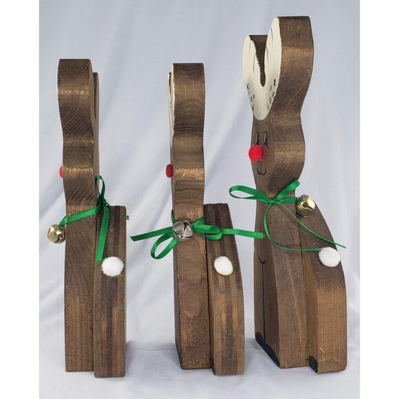 Vintage Christmas Wooden Reindeer Rudolph Family Set Jingle Bell Collar - Picture 2 of 5